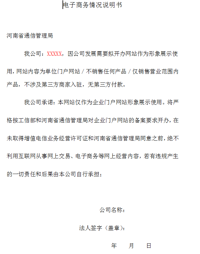 河南省电子商务经营情况说明书